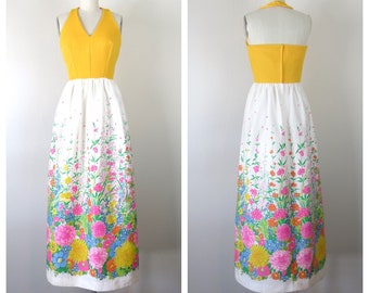 Vintage 1960s 1970s floral halter maxi dress border print spring summer sundress