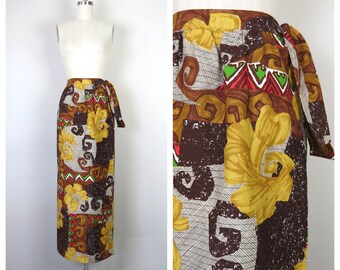 Vintage 1970s Hawaiian Barkcloth maxi skirt cotton wrap tie