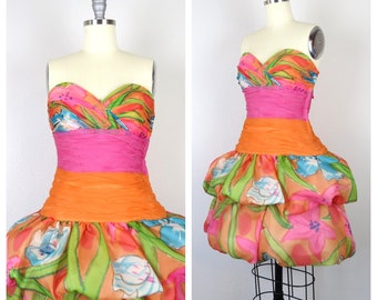 Vintage 1980s silk floral dress cocktail party bubble hem skirt strapless evening formal dressy