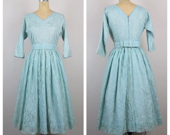 Vintage 1950s formal dress, lace, cocktail, fit and flare, party, wedding guest