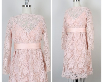 vintage 1960s lace cocktail dress, mini, pink, chantilly lace, alternative wedding dress, size xs