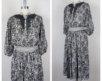 Vintage 1980s dress, LaChine, Diane Freis, bold prints, elegant, casual, cocktail, black and white