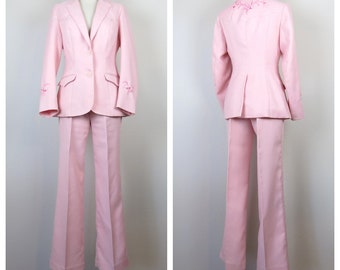 Vintage 1970s H Bar C California Ranchwear women's pants suit 2 piece embroidered pink western wear cowgirl