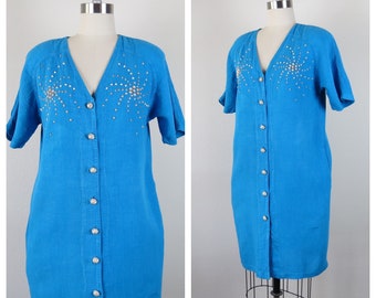 Vintage linen dress, 1980s, studded, casual, turquoise, sack dress, size medium, large