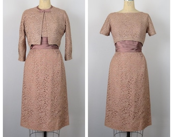 1950 年代のヴィンテージ ドレス、レース、カクテル、お揃いのボレロ、2 ピース セット、フォーマル、結婚式のゲスト、パーティー、S サイズ