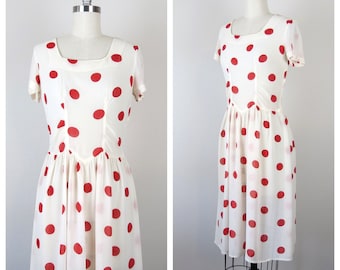 Vintage 1940s dress xs sheer rayon polka dot red and white wwii era