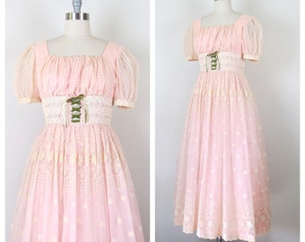 Vintage 1970s formal maxi dress formal floral flocked evening cocktail party corset renaissance wedding pink feminine fairy