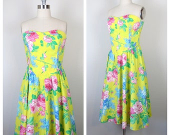 Vintage 1980s cotton floral strapless dress cottage corset cabbage roses bright floral yellow rose print