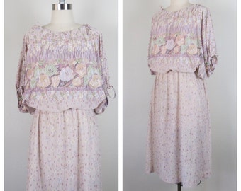 Vintage 1970s floral dress, blouson, border print, balloon sleeves, size medium, large