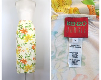 Vintage Y2K Kenzo Jungle floral maxi skirt stretch jersey bodycon tropical print bold floral