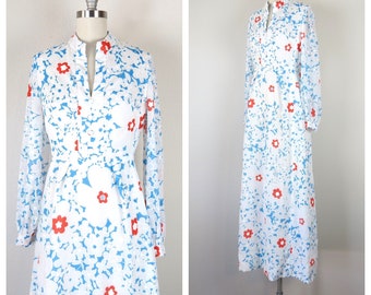 Vintage 1970s flower power floral maxi dress mod cotton hostess bold floral