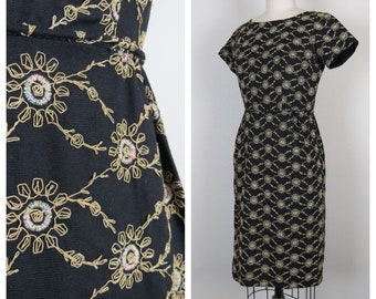 Vintage 1960s wiggle dress, embroidered sheath, lbd, size medium