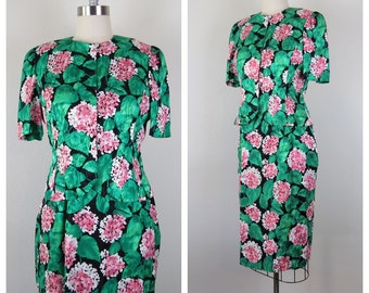 Vintage 1980s silk floral dress set, skirt and matching top, floral, 2 piece