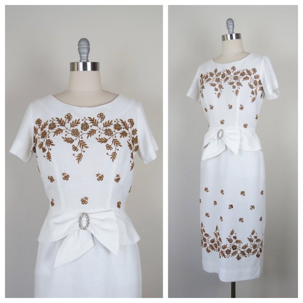 Vintage 1960s dress, embroidered, wiggle, cocktail, party, wedding guest