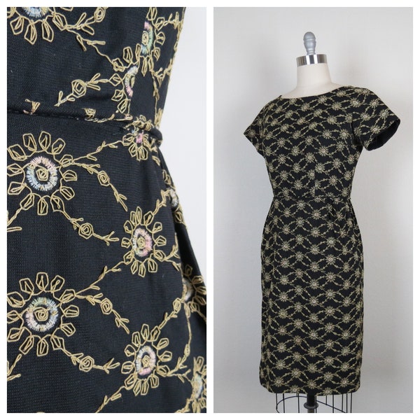 Vintage 1960s wiggle dress, embroidered sheath, lbd, size medium