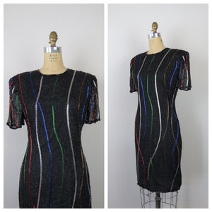 Vintage 1980s silk beaded dress evening cocktail party wedding guest semi formal colorful