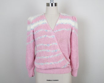 Vintage 1980s hand knit sweater, Nannell, puffed shoulders, angora accents, pullover, v-neck