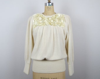 Vintage 1980s angora sweater, puff sleeves, balloon sleeves, romantic, ribbon work, beaded, size small, medium