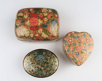 Vintage trinket box gift for her hand painted floral heart valentine set of 3 India Kashmir lacquer