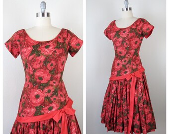 Vintage 1950s floral dress cotton fit and flare rhinestones red spring cocktail party summer wedding guest