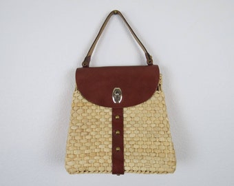 Vintage 1950s basket purse woven straw bag seagrass leather details turn lock top handle bag