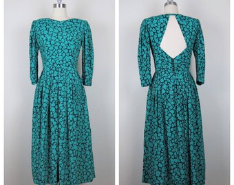 Vintage 1980s Lanz floral dress, open back, puff shoulder, size 12