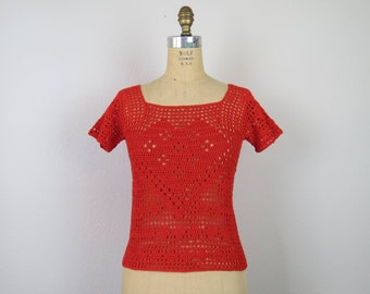 Vintage crochet top red cotton pullover heart shell square neck sheer