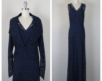 Vestido vintage de encaje de los años 30, 3 piezas, largo completo, talla pequeña/mediana