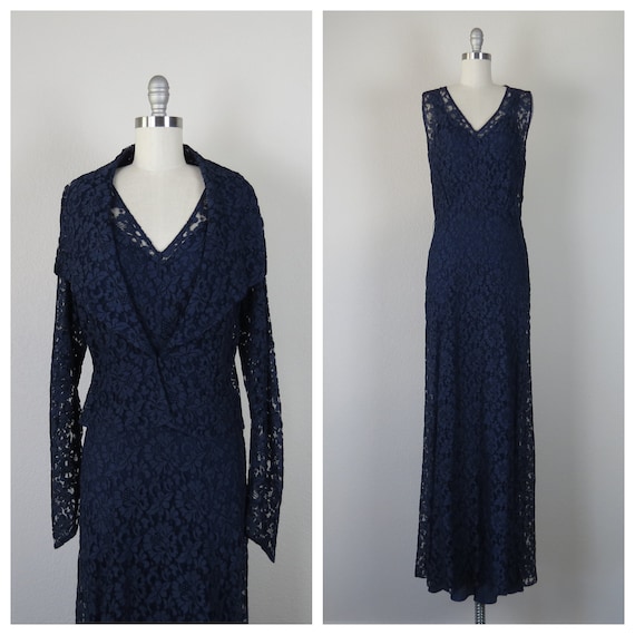 vintage 1930s dress, lace, open back, matching or… - image 1