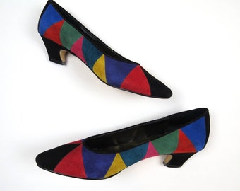 Vintage 1980s color block heels pumps colorful new wave suede size 9