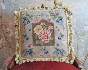 Vintage floral needlepoint pillow, cushion, insect, wool, cotton, velvet, fringe