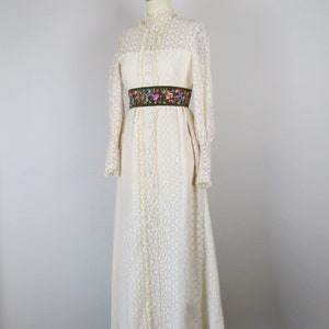 Vintage 1970s lace maxi dress, high neck, balloon sleeves, embroidered, boho, cottage core, xxs, xs image 6