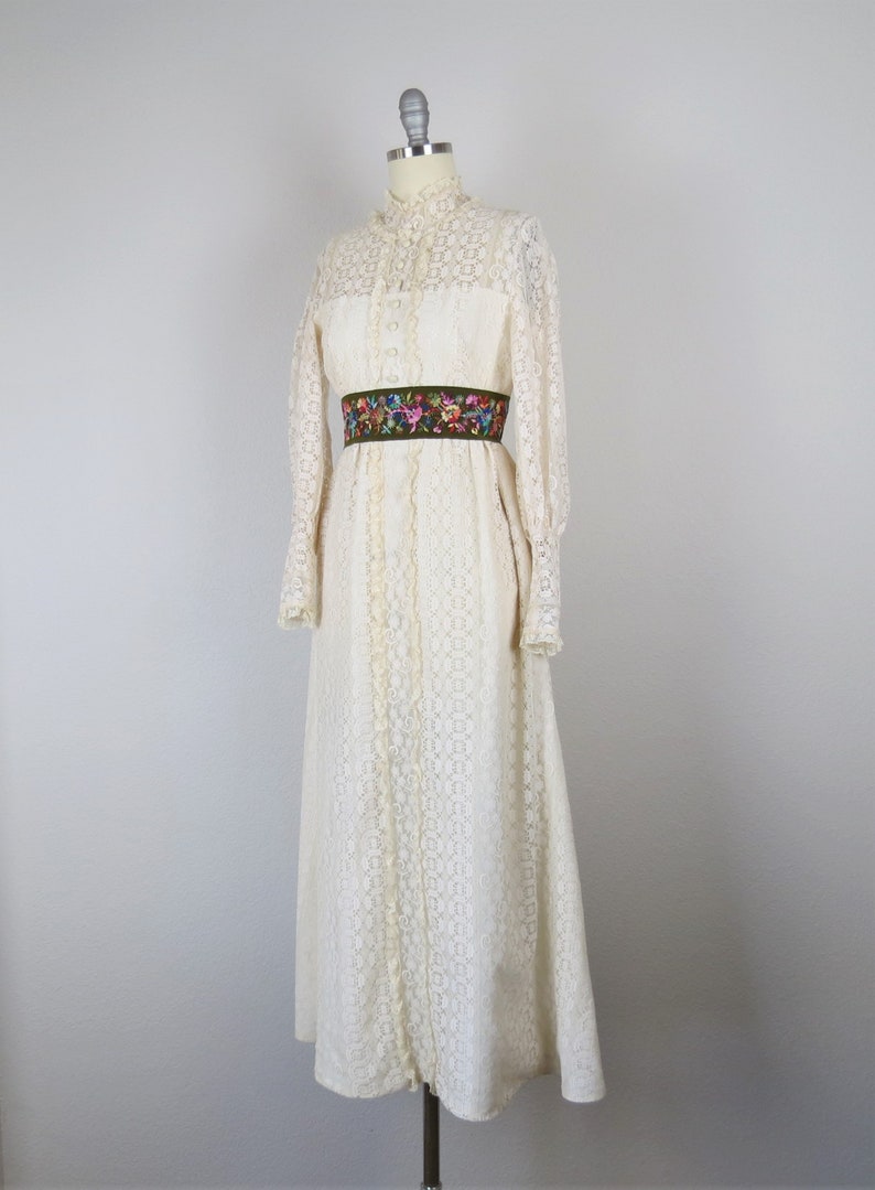 Vintage 1970s lace maxi dress, high neck, balloon sleeves, embroidered, boho, cottage core, xxs, xs image 6