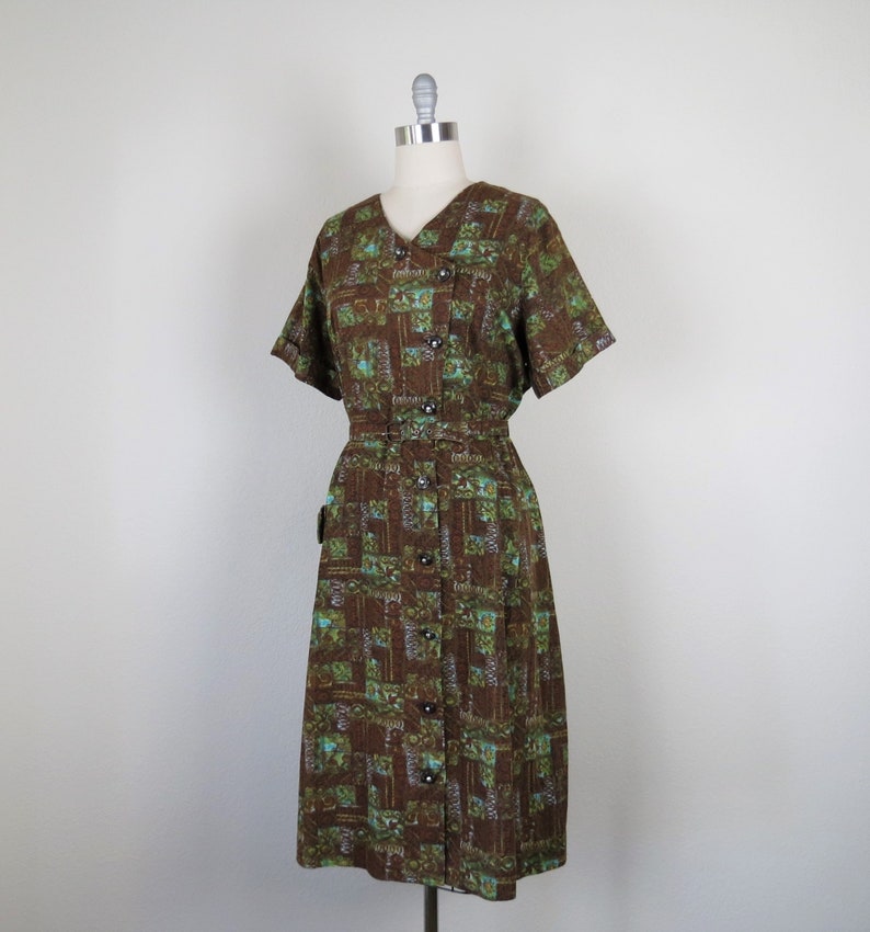 hawaiian print 1X 46 bust 40 waist vintage 1940s 1950s plus size cotton day dress polynesian