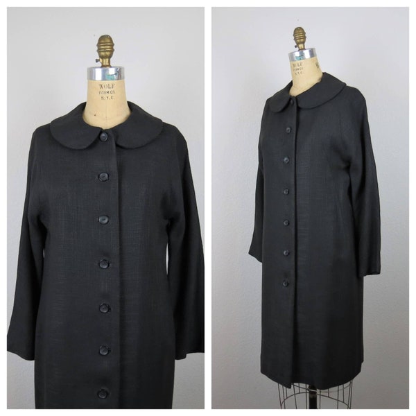 Vintage 1950s coat, duster, jacket, linen, peter pan collar, lightweight, small