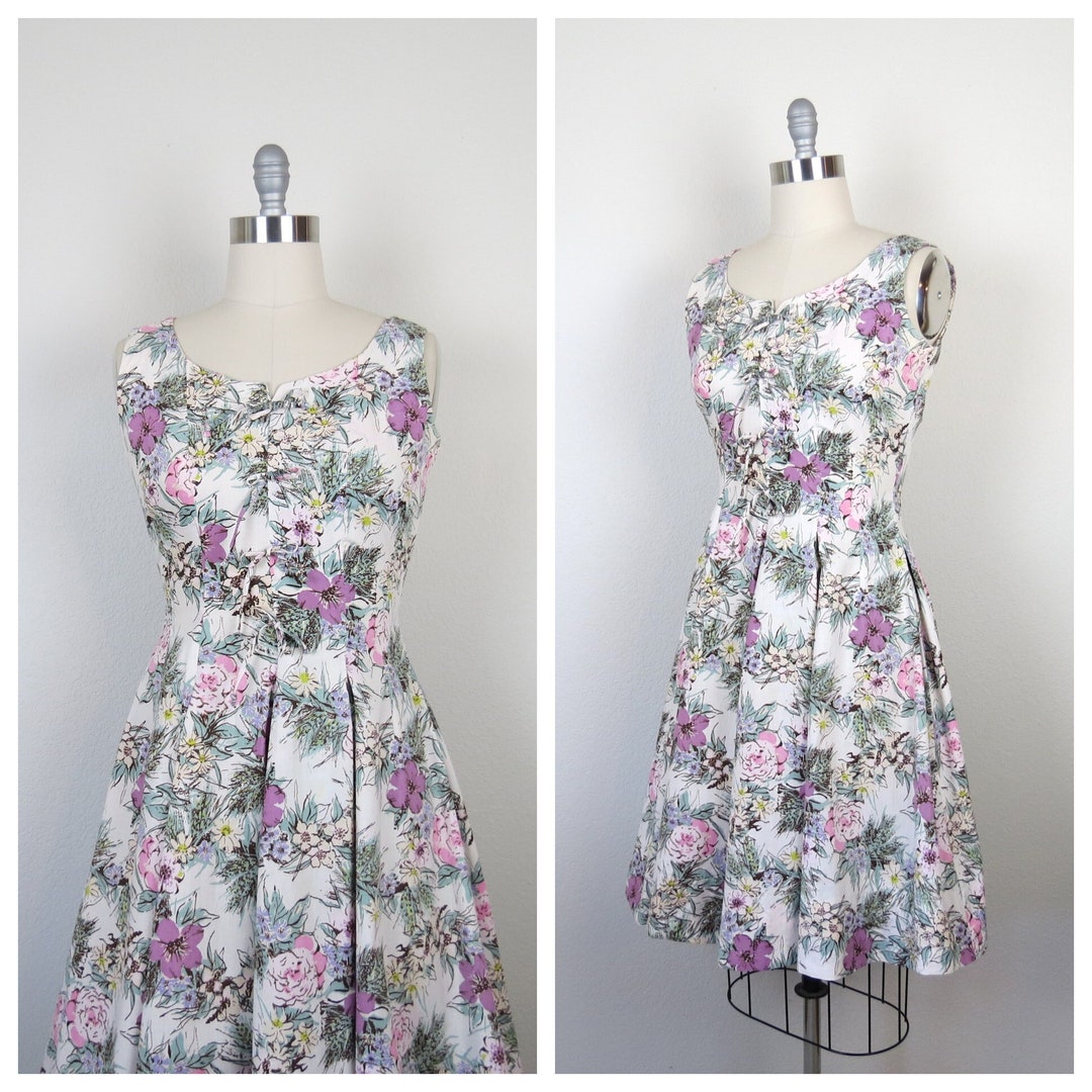 Vintage 1950s Cotton Floral Dress Fit and Flare Sundress Day Dress ...