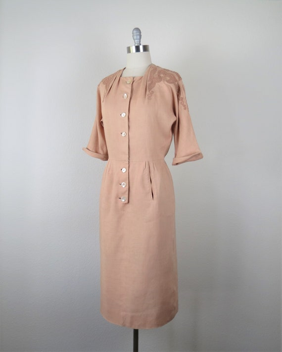 Vintage 1950s dress, embroidered, Moygashel linen… - image 4