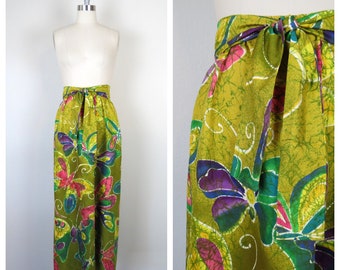 Vintage 1970s cotton maxi skirt Alice Polynesian Hawaiian batik butterfly print colorful flower power