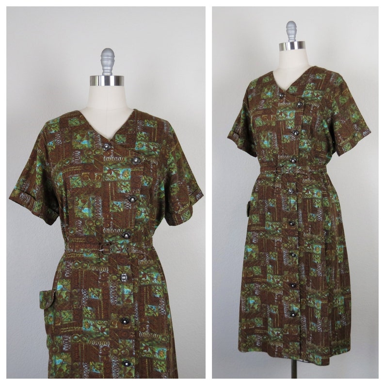 hawaiian print 1X 46 bust 40 waist vintage 1940s 1950s plus size cotton day dress polynesian