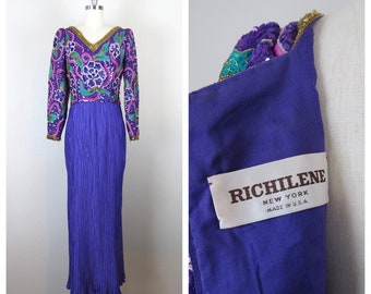 Vintage 1980s Richilene formal dress beaded embroidered sequined cocktail evening pleated silk