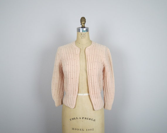 vintage 1950s shrug sweater, hand knit, hand beade