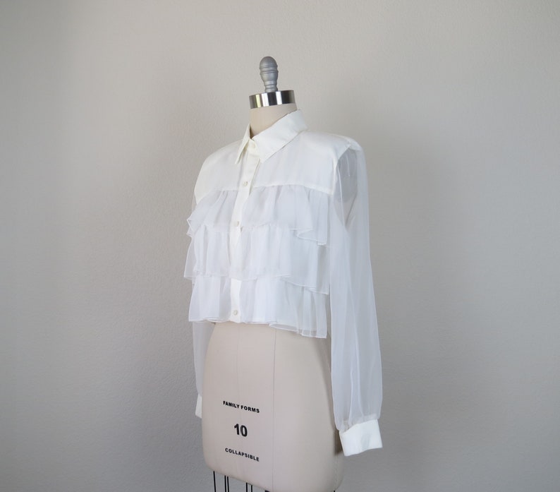 size large sheer sleeves 40 bust vintage 1980s cropped ruffle blouse