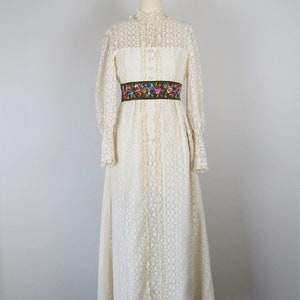 Vintage 1970s lace maxi dress, high neck, balloon sleeves, embroidered, boho, cottage core, xxs, xs image 2