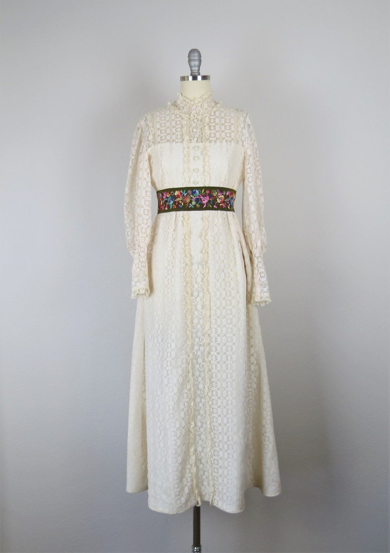 Vintage 1970s lace maxi dress, high neck, balloon sleeves, embroidered, boho, cottage core, xxs, xs image 2