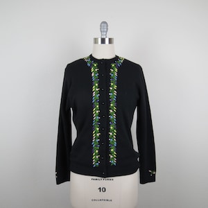 Vintage 1960s floral embroidered cardigan sweater, cashmere, lambswool, size large