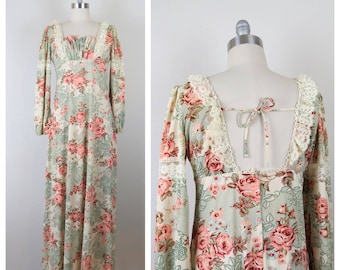 Vintage 1970s floral maxi dress boho cottage prairie fairy victorian open back juliette sleeves