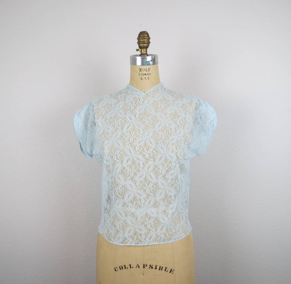 Vintage 1940s sheer lace blouse shell light blue … - image 1