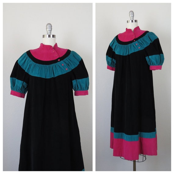 Vintage 1970s dress color block corduroy cotton 1… - image 1
