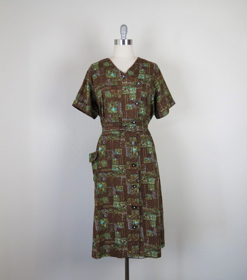 hawaiian print 1X 46 bust 40 waist vintage 1940s 1950s plus size cotton day dress polynesian