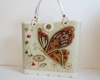 Vintage 1960s handbag jeweled butterfly purse tote top handle wood bottom